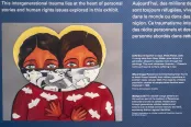 Painting of two children standing close together, shown from the chest up. They are wearing red clothing patterned with white birds, and a black-and-white scarf covers the lower half of their faces.