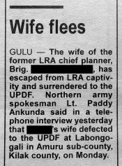 A newspaper clipping with the headline “Wife flees”.