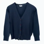 A plain blue cardigan sweater.