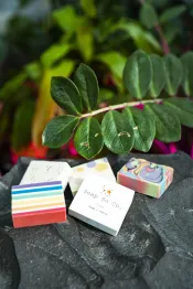 A bar of soap with coloured stripes resembling the Pride Flag sits in the foreground, next to a box that reads "Soap So Co". In the background are additional bars of soap with a variety of colours and patterns.