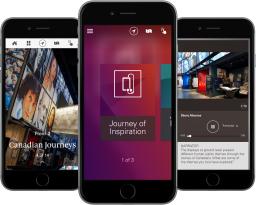 Three smartphones are posed together, facing the camera. Each phone displays an image from the Museum’s Journey of Inspiration app.