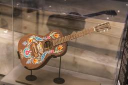 A guitar painted with floral images is positioned on a stand in a glass case.