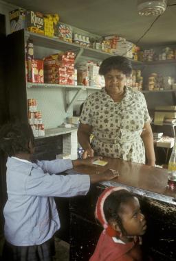 A woman stands behind a wooden store counter. Two young children are standing in front of her. One faces the woman behind the counter while the other looks away.