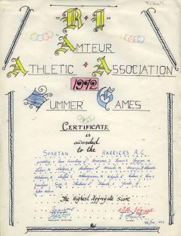 A handwritten certificate with stylized writing. It is written in chiefly black ink, but some letters are coloured in blue or yellow. The top of the certificate reads “R.I. Amateur Athletic Association 1972 Summer Games.”