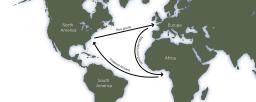 A map of the Atlantic Ocean and its bounding continents. An arrow labeled “Manufactured goods” points from Europe to Africa. An arrow labelled “Enslaved Africans” points from Africa to North America.” A third arrow from North America to Europe is labelled “Raw goods.”