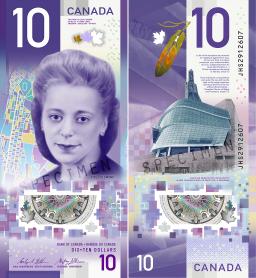 The front and back of the new $10 Canadian banknote featuring Viola Desmond and the Canadian Museum for Human Rights.