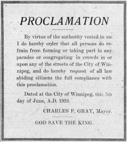 A document of text titled “PROCLAMATION” banning parades and public gatherings, signed “CHARLES F. GRAY, Mayor.” At the bottom it reads “GOD SAVE THE KING.”