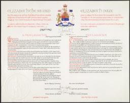 An official document contains the words “Elizabeth the Second” and further down, “A Proclamation.” The text in English and French proclaims a new Constitution for Canada.