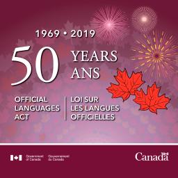 An official Government of Canada illustration that features fireworks and maple leaves and recognizes 2019 as the 50th anniversary of the Official Languages Act.
