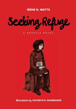 The cover of a graphic novel titled “Seeking Refuge” showing a young woman sitting on a suitcase.