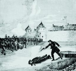 Wood engraving depicting a standing man shooting a pistol at another man who lies bound on the ground. A large crowd of onlookers and the walls of a colonial-era fort are in the background.