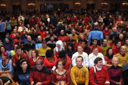 A large crowd of people dressed in Star Trek costumes.
