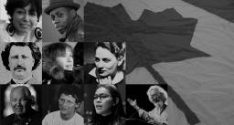 A collage of black and white photographs of people including Murray Sinclair, Terry Fox and Gabrielle Roy.