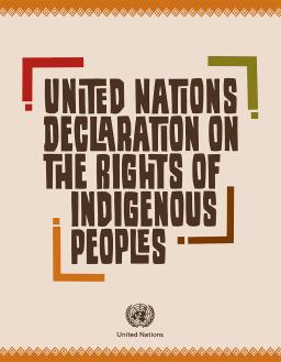Cover page of the United Nations Declaration on the Rights of Indigenous Peoples showing the title in a stylized font and partially enclosed by green, red, brown and orange corner designs. Also on the page is the UN logo bottom center.