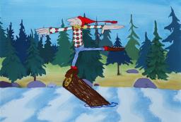 Illustration of a lumberjack wearing a red hat and a checkered shirt. He is balancing on a log as it floats down a river surrounded by rocks and trees.