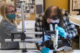 Two people wearing face masks and blue gloves stand at a white worktable. They are using a microscope mounted on large metal brackets to examine a piece of wood.