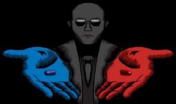 Drawing of a bald man wearing sunglasses reaching his hands out toward the viewer, palms up. His right hand is coloured blue and offers a blue pill. His left hand is coloured red and offers a red pill.
