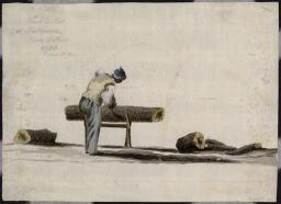 Watercolour painting of a Black person using a handsaw to cut a log propped up on a wooden stand. Sections of sawn log lie on the ground on either side. Handwritten script in the top left corner reads “A Black Wood Cutter at Shelburne, Nova Scotia, 1738, W. Booth.”