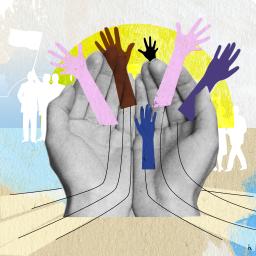 A digital collage showing two large, cupped hands holding several smaller outstretched arms in various colours reaching up and out. In the background, a large yellow semicircle shape is visible behind a white silhouette of a crowd of people waving flags.