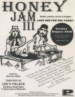 Poster of the 3rd edition of Honey Jam with an illustration of two fierce-looking women DJing.