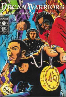 A comic book with Black men illustrated on the cover in a circle formation. One man is holding a golden medallion with the Dream Warriors logo so it is at the forefront.