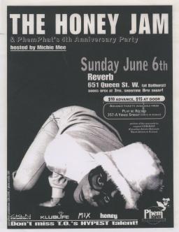 “The Honey Jam” poster mentioning PhemPhat’s 4th anniversary party. There is a woman in a fuzzy hat wearing glasses with thick frames in a crouched breakdancing pose.