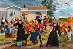 A painting showing seven RCMP officers in red coats and tan hats and priests and nuns in long black robes and wimples who are forcibly carrying children away and fighting with various adults in front of a small house. A group of three children are running away towards the forest in the background and a number of birds are flying or perching above the melee.