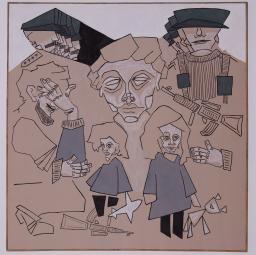 An abstract drawing with angular shapes in shades of beige, grey, black and white. Two sad-looking children are in the forefront; the child on the left is holding on to a toy airplane while the child on the right holds a teddy bear. They are surrounded by two machine guns and large figures of uniformed people looming behind them.