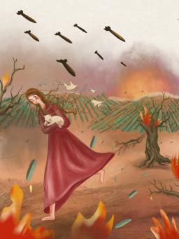 The same young woman in a traditional red Kurdish dress, from the previous painting, is running away from missiles raining down from the sky. She is holding a small white cat to protect it. There are doves interspersed with the missiles. The olive tree that she was previously hugging is destroyed and its branches are burning. There are explosions on the horizon and the land is on fire.