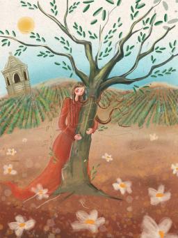 A painting of a young woman in a red traditional Kurdish dress with her eyes closed and a peaceful look on her face. She is hugging a healthy olive tree in front of a lush field of crops in straight rows. The sky is bright blue sky and translucent white flowers are floating in the first half of the painting.