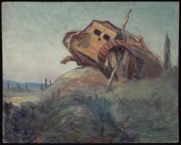 A bleak impressionistic painting in which a tracked, tan-coloured armoured vehicle sits askew on a small, blue-green rise. One of its tracks has been partially removed and a large tree branch is lodged in the mechanism. The landscape is mostly bare of plants.