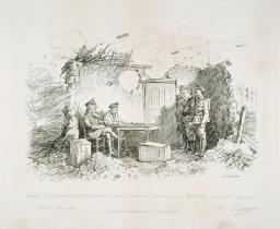 A drawing set in a mostly ruined small building with smoke and explosions in the background. Two uniformed men sit at a table on the left, facing three standing men — one in a uniform but without a hat, flanked by two men with rifles. 