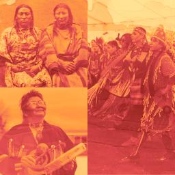 Collage in monochromatic red of three images of Indigenous people from various time periods. The top left image is two Indigenous people from the late 1800s. The bottom-left image is a Two-Spirit woman. The image on the right is a Two-Spirit powwow. 