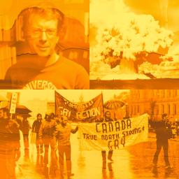 Collage in monochromatic orange of three images. The top left image is Douglas Sanders, a white gay activist man. The top right image is an atomic bomb explosion. The bottom image is a gay rights protest. 