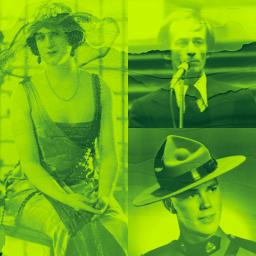 Collage in monochromatic green of three images of people. The image on the left is a female impersonator from the 1920s. The top right image is a white man speaking in a mic. The bottom right image is a white man in his RCMP uniform.