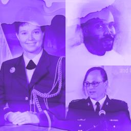 Collage in monochromatic purple of three images of individual people. The image on the left is a white woman in military uniform. The top right image is a painting of a Black man. The bottom right image is a white trans woman in military uniform in front of a mic.