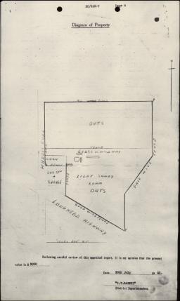 A hand-drawn map showing property boundaries, crops and buildings.