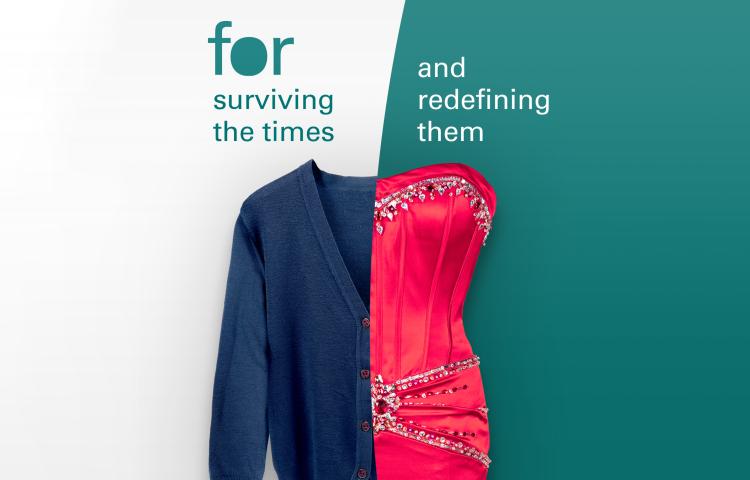 A plain blue cardigan sweater and a fancy red dress. Partially obscured.