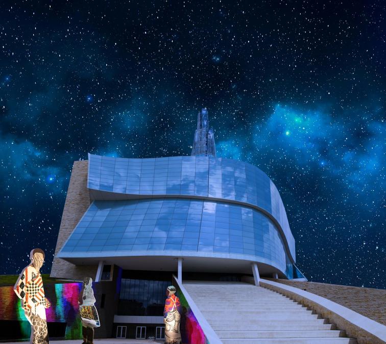 A concept image of the artist’s mannequin-like sculptures adorned in colourful patterns outside the Museum on a starry night. Partially obscured.