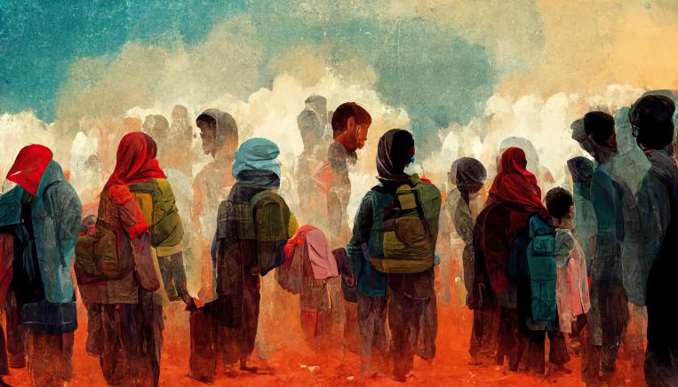 Watercolour painting of a group of adults and children, their faces obscured, standing in a field. All the women’s heads are covered and most people are carrying backpacks and have things in their hands. Partially obscured.