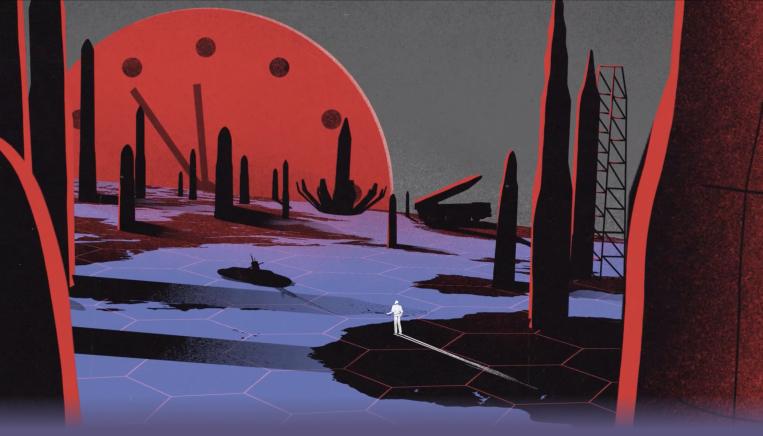 A graphic image showing a dystopic scene of a post-nuclear blast, with toppled trees and barren streets. Partially obscured.
