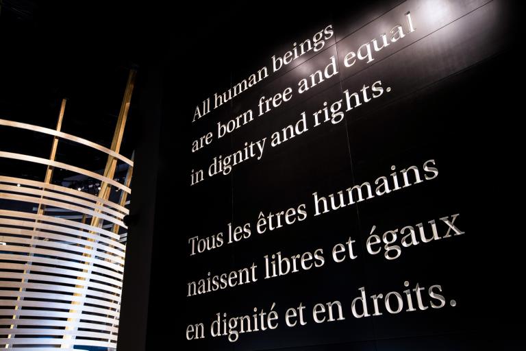 Large white text on a black wall reading "All human beings are born free and equal in dignity and rights."