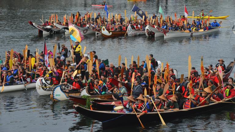 A couple hundred people in 20 canoes. Partially obscured.