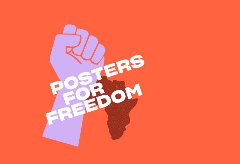 A fist and a map of Africa, with Posters for Freedom written on it Partially obscured.