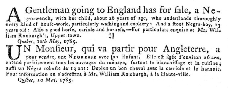 An old newspaper advertisement advertising the sale of an enslaved woman and her child, a 13-year-old enslaved boy and a horse and carriage.
