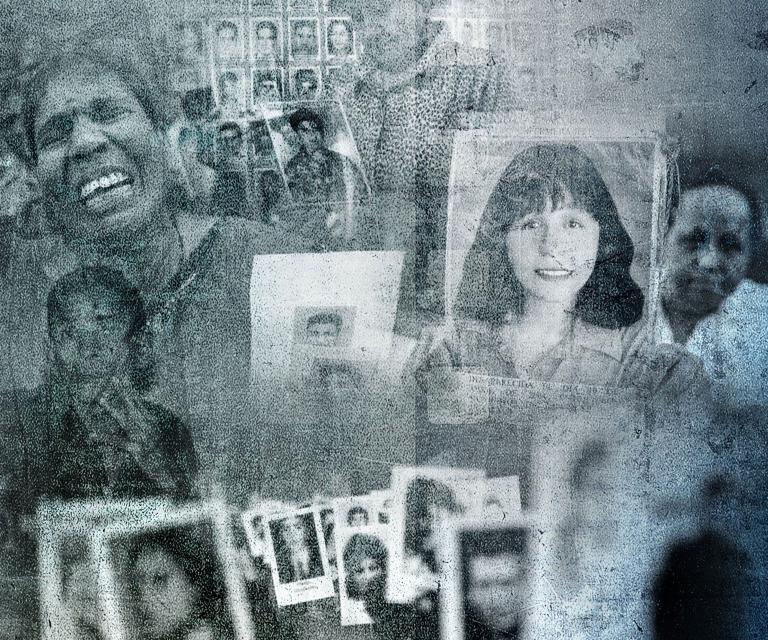 Collage of grainy black and white photographs of people’s faces. Partially obscured.