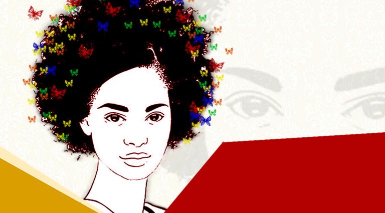 Graphic image of a woman with butterflies in her hair. Partially obscured.