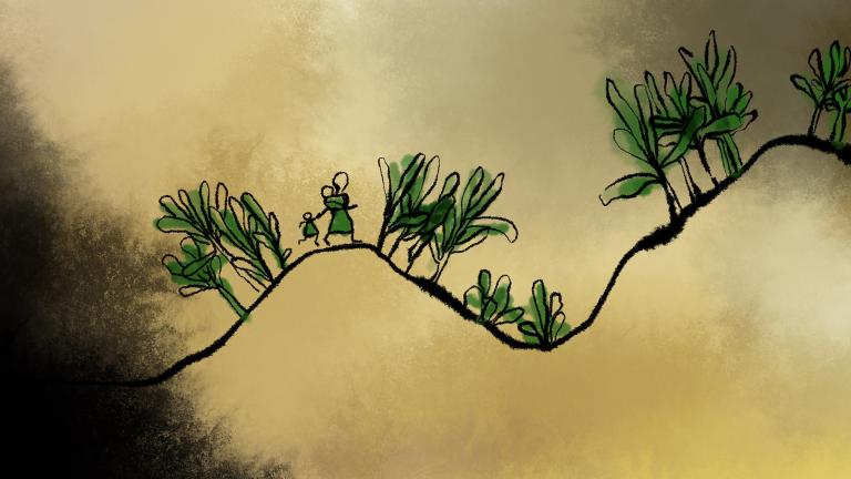 An illustration of an adult and children behind bushes, and shadowy figures with guns on the other side of the bushes.