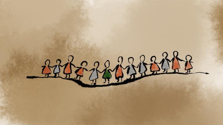 An illustration of several women standing in a line holding hands. Partially obscured.