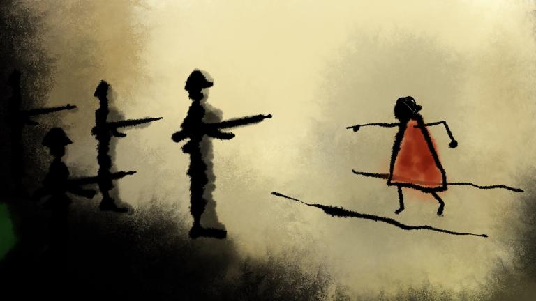 An illustration of a woman with a red dress pointing at some shadowed figures holding guns.